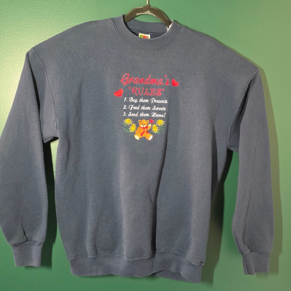 Fruit of the Loom Grandma's Rules Navy Blue Crewneck Sweatshirt XL Teddy Bear